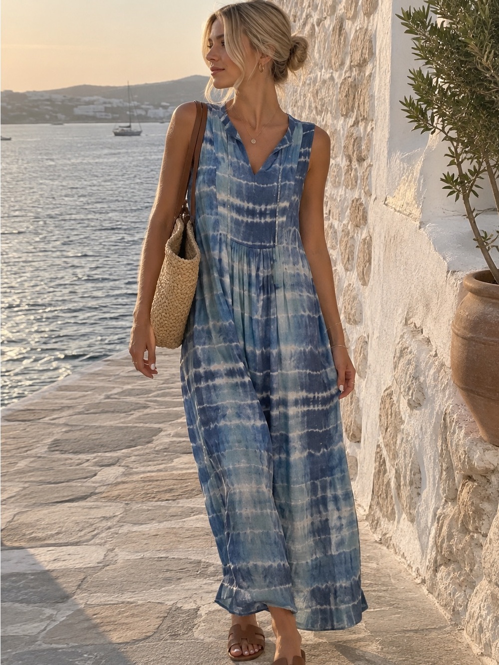 BeachLunchLounge Blue Tie Dye Tassel V Neck Sleeveless Tank Flowy Maxi Dress